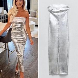 Zara Fitted * Metallic Dress Silver Strapless